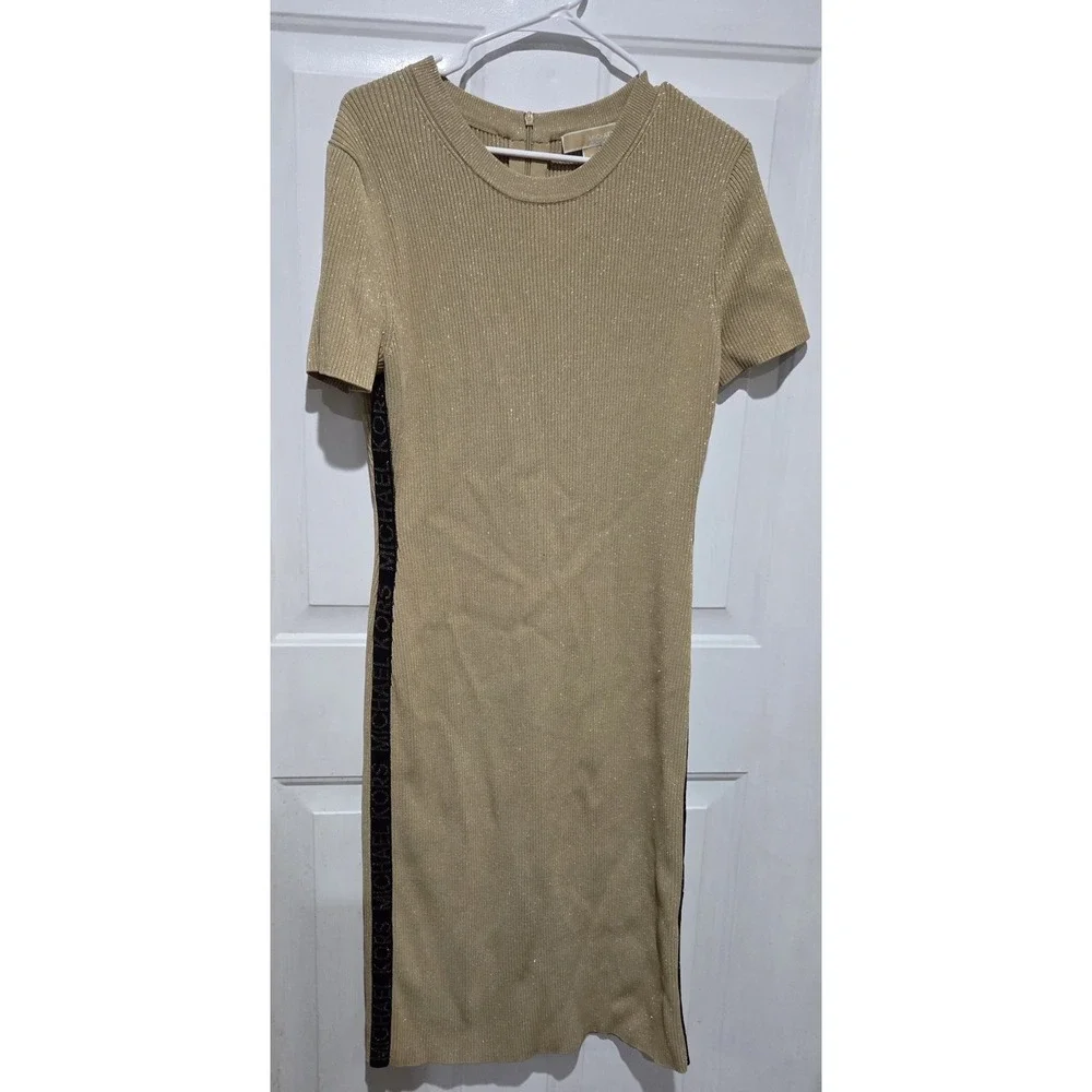 Michael Kors Logo Black Tape Metallic Ribbed Gold Short Sleeve Dress Women XL